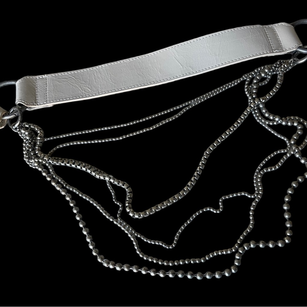 Free People White Leather Diamonte Chain Belt Distressed NEW NWOT - Picture 3 of 11